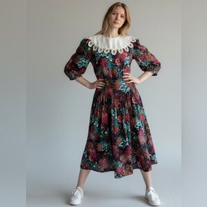 Vtg 90s Lisa II Colorful Floral Bib Collar Drop Waist Dress Sz 14 Midi Cottage
